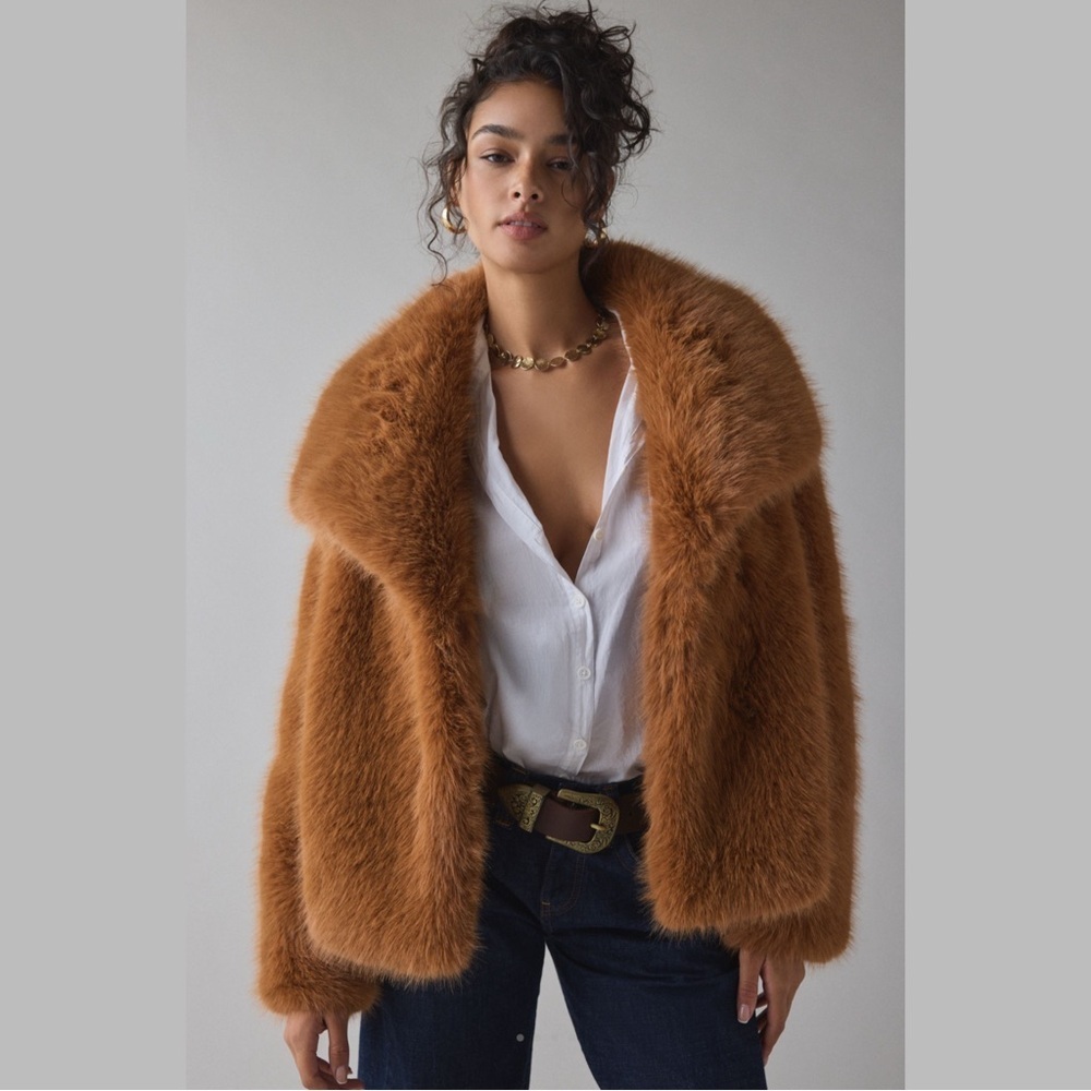 Azalea Wang Regina Tan Faux Fur Jacket XL Oversized Cropped Brown Open Front NWT